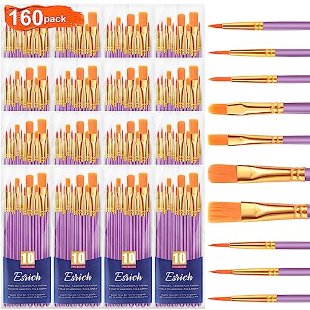 ESRICH Acrylic Paint Brushes Set, 16Packs/160 Pcs, Suitable for Acrylic,  Oil, Watercolor,Rock Body Face Nail Art,Perfect Suit of Art Painting, Best  Gift for Kids Adult Drawing, Purple